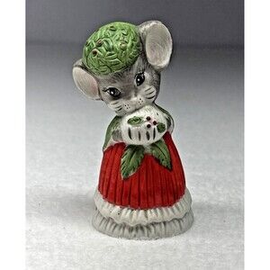 Jasco Christmas Mouse Ceramic Bell Taiwan Red Green Holly Bonnet Figurine